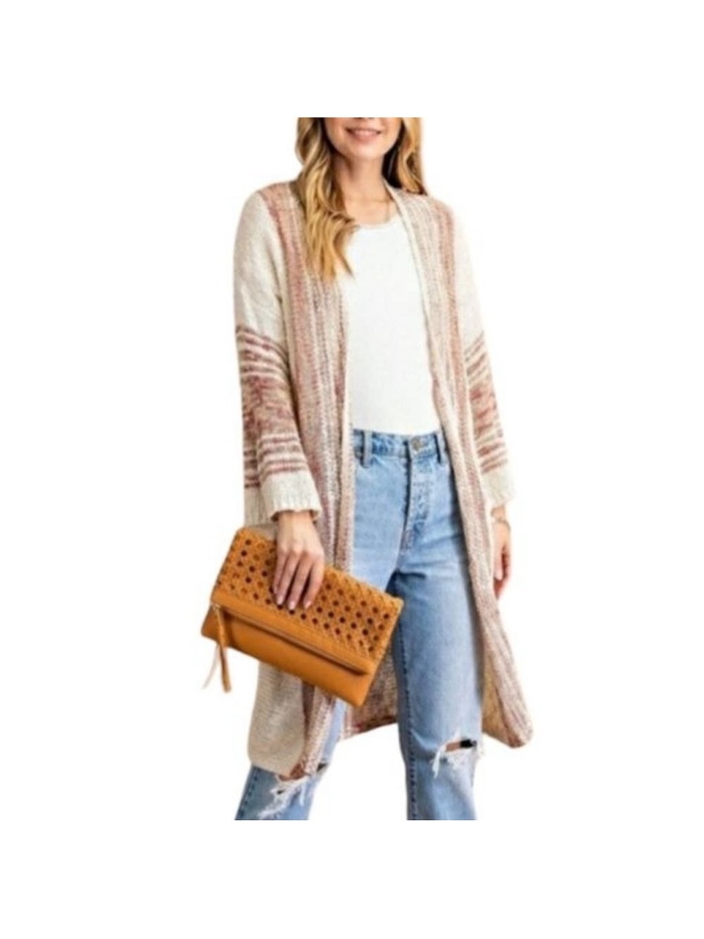 NWT Easel Boho Beach Oatmeal Striped Baja | Knit Open-Front Throw Cardigan - Picture 9 of 16